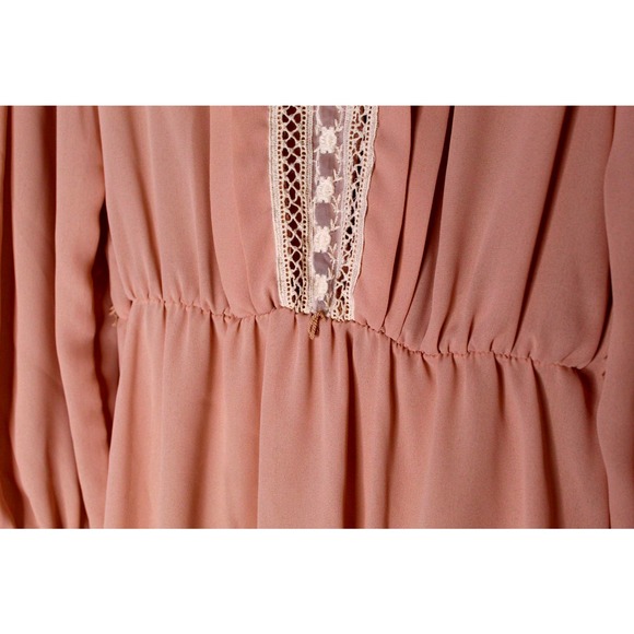 Vintage 80s Prairie Style Core Dress Coral Pink Lantern Sleeve Mock Collar - Picture 13 of 15